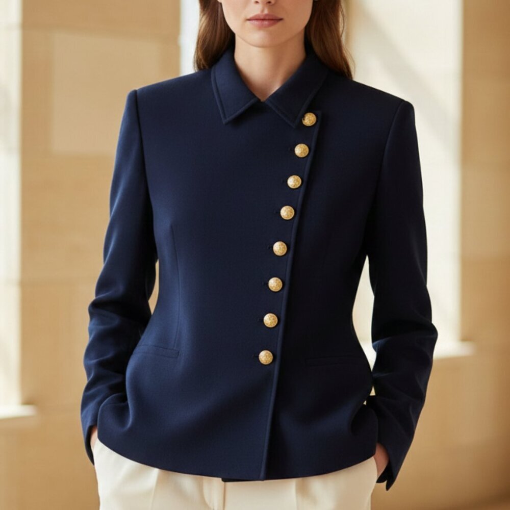 Vintage Lauren Ralph Lauren Asymmetrical Gold Button Wool Blazer Navy | 12 RARE - Picture 4 of 10